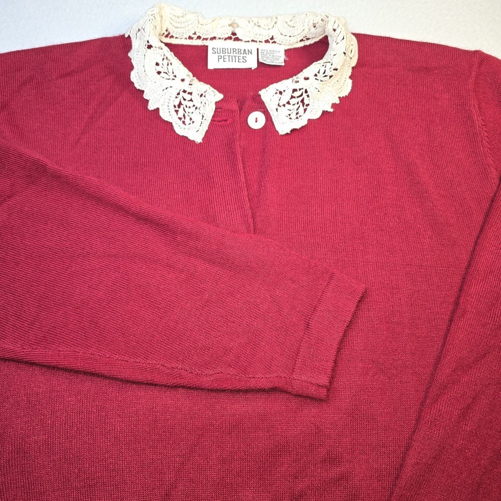 Vtg Suburban Petites Red Sweater Lace Collar Cottagecore Grannycore 90s Coquette